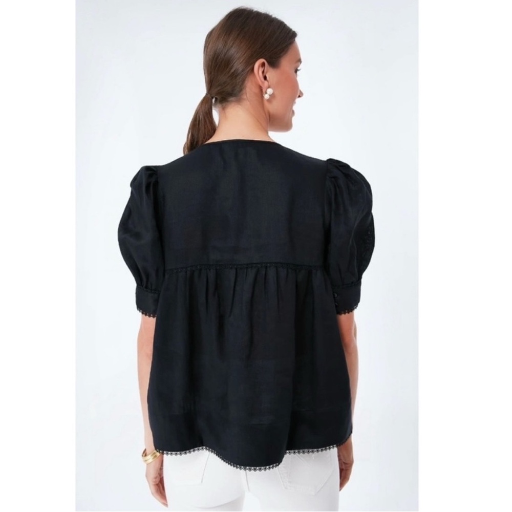 Tuckernuck After Hours Indra Linen Puff Sleeve Blouse in Black Size M - Picture 3 of 11